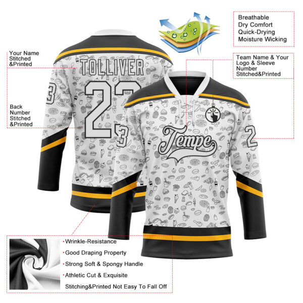 Custom White Black-Gold Foodie Fast Food Hockey Lace Neck Jersey