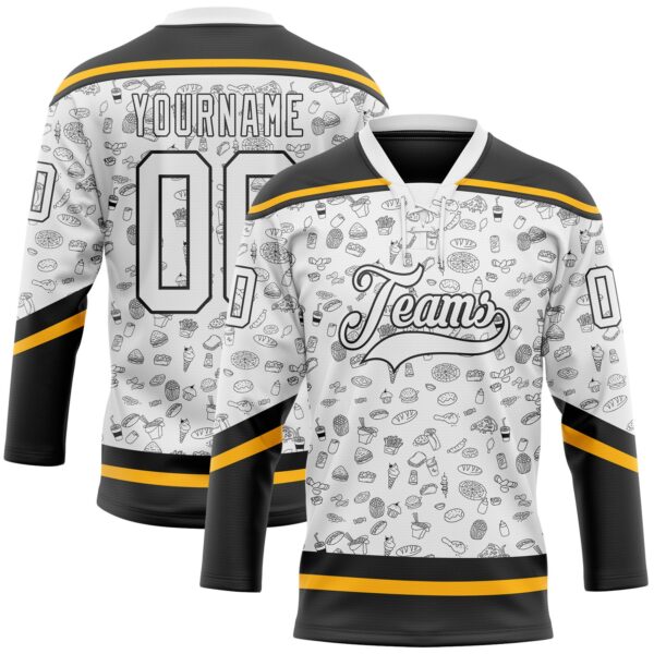 Custom White Black-Gold Foodie Fast Food Hockey Lace Neck Jersey