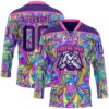Custom Purple Pink-Yellow Trippy Psychedelic Hockey Lace Neck Jersey