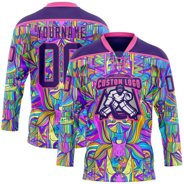 Custom Purple Pink-Yellow Trippy Psychedelic Hockey Lace Neck Jersey