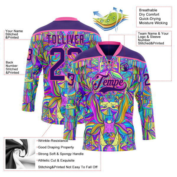 Custom Purple Pink-Yellow Trippy Psychedelic Hockey Lace Neck Jersey