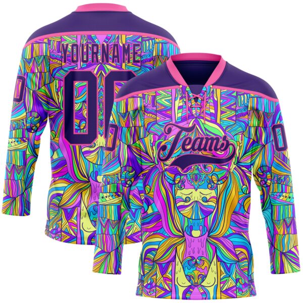 Custom Purple Pink-Yellow Trippy Psychedelic Hockey Lace Neck Jersey