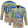 Custom Yellow Thunder Blue Pink-Light Yellow Trippy Psychedelic Fluid Hockey Lace Neck Jersey