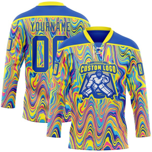 Custom Yellow Thunder Blue Pink-Light Yellow Trippy Psychedelic Fluid Hockey Lace Neck Jersey