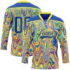 Custom Yellow Thunder Blue Pink-Light Yellow Trippy Psychedelic Fluid Hockey Lace Neck Jersey