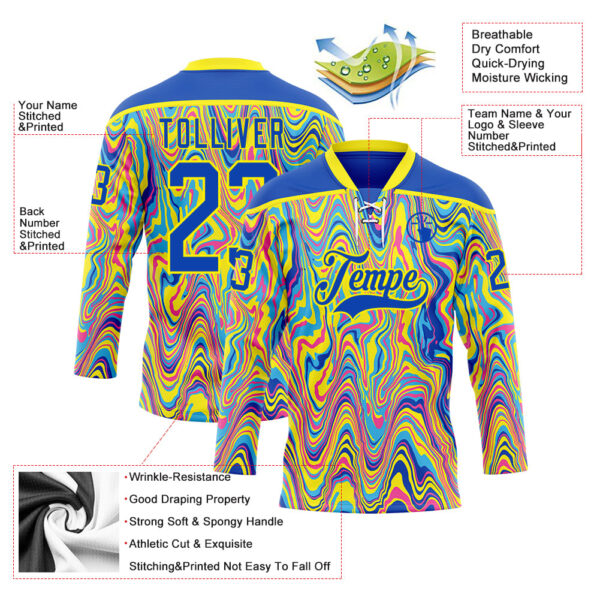 Custom Yellow Thunder Blue Pink-Light Yellow Trippy Psychedelic Fluid Hockey Lace Neck Jersey