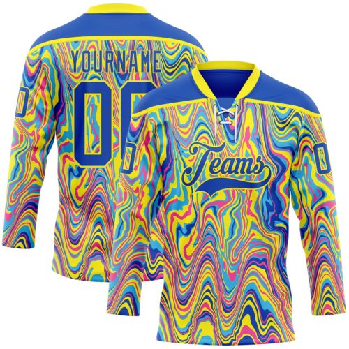 Custom Yellow Thunder Blue Pink-Light Yellow Trippy Psychedelic Fluid Hockey Lace Neck Jersey