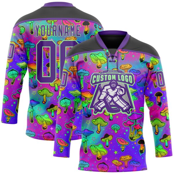Custom Purple Pea Green-Black Trippy Psychedelic Magic Mushrooms Hockey Lace Neck Jersey