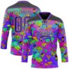 Custom Purple Pea Green-Black Trippy Psychedelic Magic Mushrooms Hockey Lace Neck Jersey