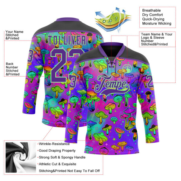 Custom Purple Pea Green-Black Trippy Psychedelic Magic Mushrooms Hockey Lace Neck Jersey