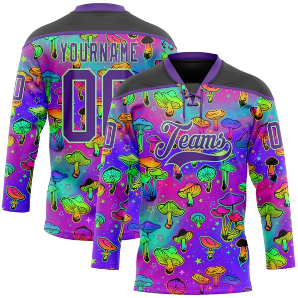 Custom Purple Pea Green-Black Trippy Psychedelic Magic Mushrooms Hockey Lace Neck Jersey