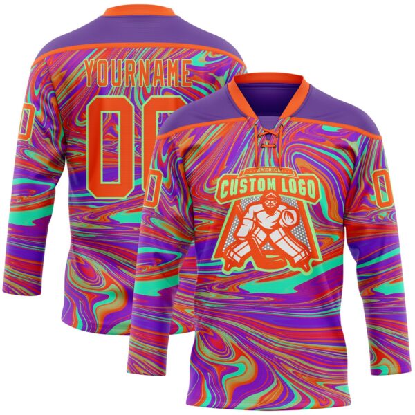 Custom Purple Orange-Pea Green Trippy Psychedelic Fluid Hockey Lace Neck Jersey