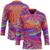 Custom Purple Orange-Pea Green Trippy Psychedelic Fluid Hockey Lace Neck Jersey