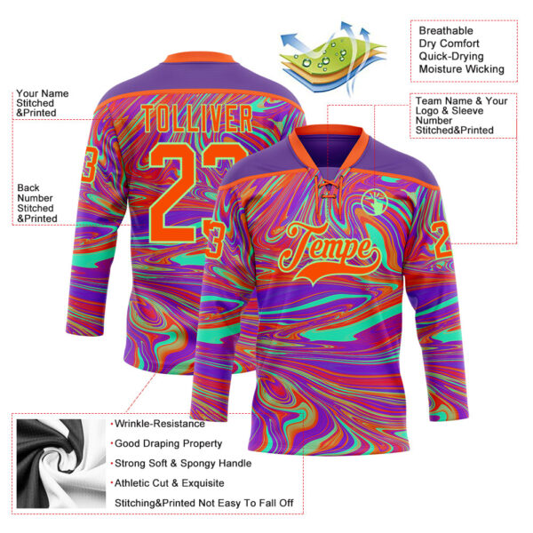 Custom Purple Orange-Pea Green Trippy Psychedelic Fluid Hockey Lace Neck Jersey