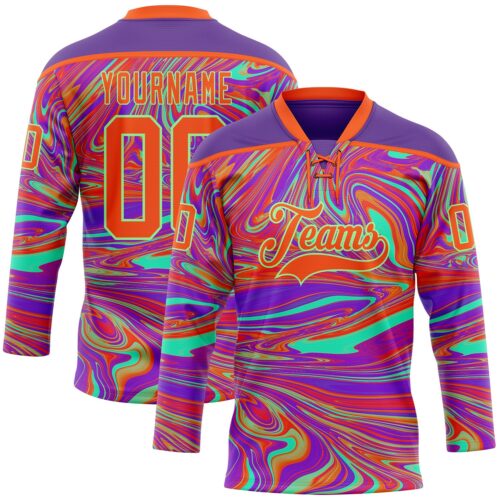 Custom Purple Orange-Pea Green Trippy Psychedelic Fluid Hockey Lace Neck Jersey