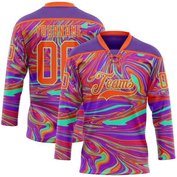Custom Purple Orange-Pea Green Trippy Psychedelic Fluid Hockey Lace Neck Jersey