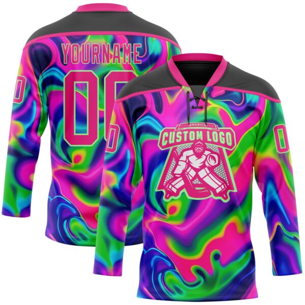 Custom Black Hot Pink-Pea Green Trippy Psychedelic Neon Trendy Holographic Vaporwave Style Hockey Lace Neck Jersey
