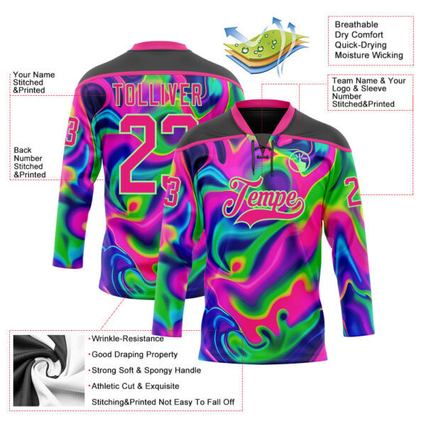 Custom Black Hot Pink-Pea Green Trippy Psychedelic Neon Trendy Holographic Vaporwave Style Hockey Lace Neck Jersey