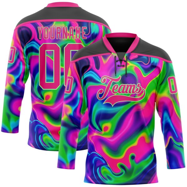 Custom Black Hot Pink-Pea Green Trippy Psychedelic Neon Trendy Holographic Vaporwave Style Hockey Lace Neck Jersey