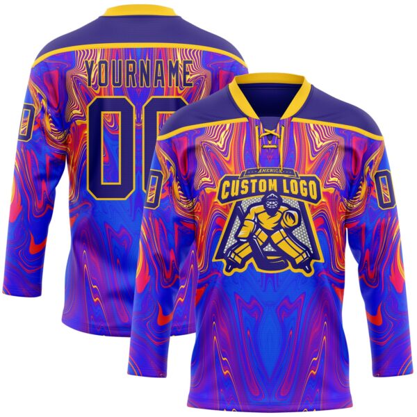 Custom Dark Purple Red-Yellow Trippy Psychedelic Fluid Hockey Lace Neck Jersey
