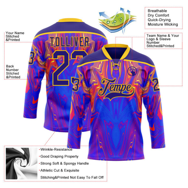Custom Dark Purple Red-Yellow Trippy Psychedelic Fluid Hockey Lace Neck Jersey