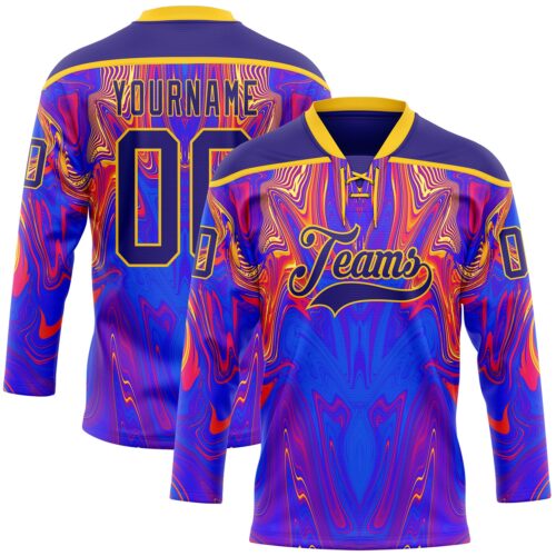 Custom Dark Purple Red-Yellow Trippy Psychedelic Fluid Hockey Lace Neck Jersey
