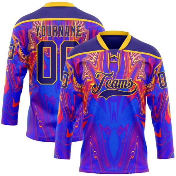 Custom Dark Purple Red-Yellow Trippy Psychedelic Fluid Hockey Lace Neck Jersey
