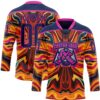 Custom Navy Yellow-Deep Pink Trippy Psychedelic Fluid Hockey Lace Neck Jersey