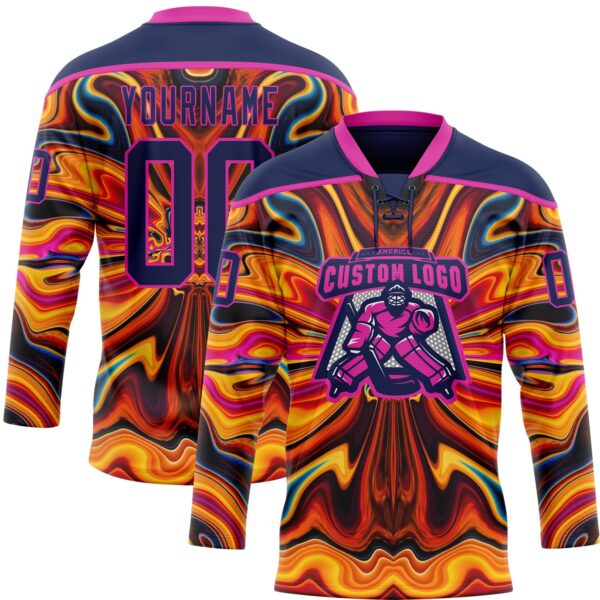 Custom Navy Yellow-Deep Pink Trippy Psychedelic Fluid Hockey Lace Neck Jersey