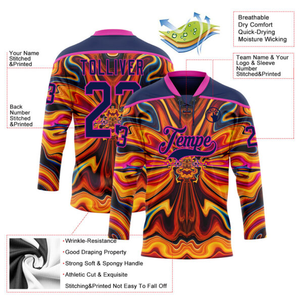 Custom Navy Yellow-Deep Pink Trippy Psychedelic Fluid Hockey Lace Neck Jersey