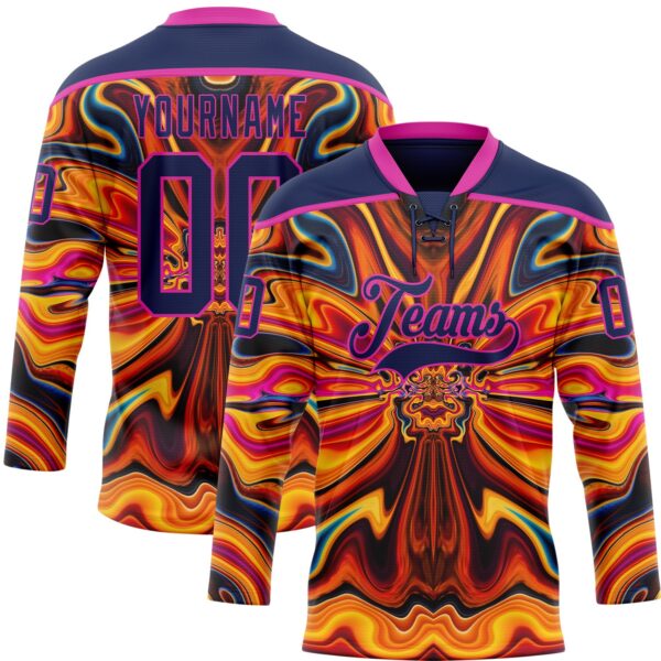 Custom Navy Yellow-Deep Pink Trippy Psychedelic Fluid Hockey Lace Neck Jersey