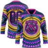 Custom Navy Purple Yellow-Deep Pink Trippy Psychedelic Hockey Lace Neck Jersey