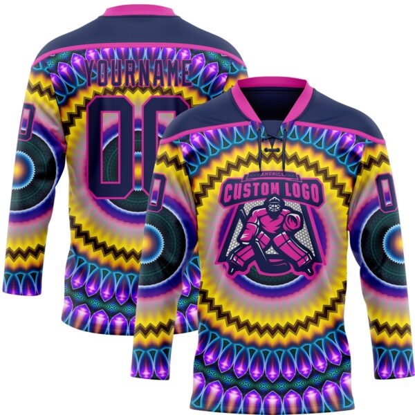 Custom Navy Purple Yellow-Deep Pink Trippy Psychedelic Hockey Lace Neck Jersey