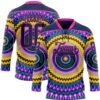 Custom Navy Purple Yellow-Deep Pink Trippy Psychedelic Hockey Lace Neck Jersey