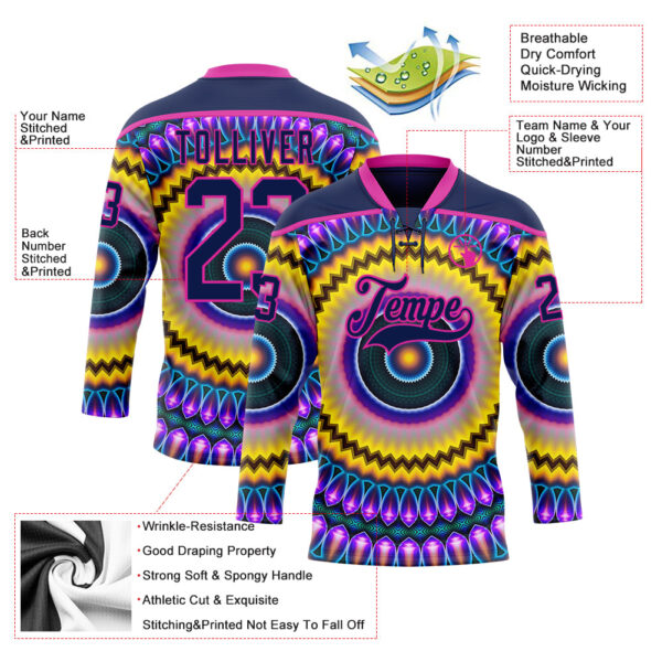 Custom Navy Purple Yellow-Deep Pink Trippy Psychedelic Hockey Lace Neck Jersey