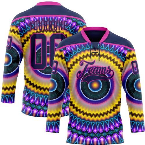 Custom Navy Purple Yellow-Deep Pink Trippy Psychedelic Hockey Lace Neck Jersey