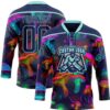 Custom Navy Ice Blue Yellow-Pink Trippy Psychedelic Magic Mushrooms Hockey Lace Neck Jersey