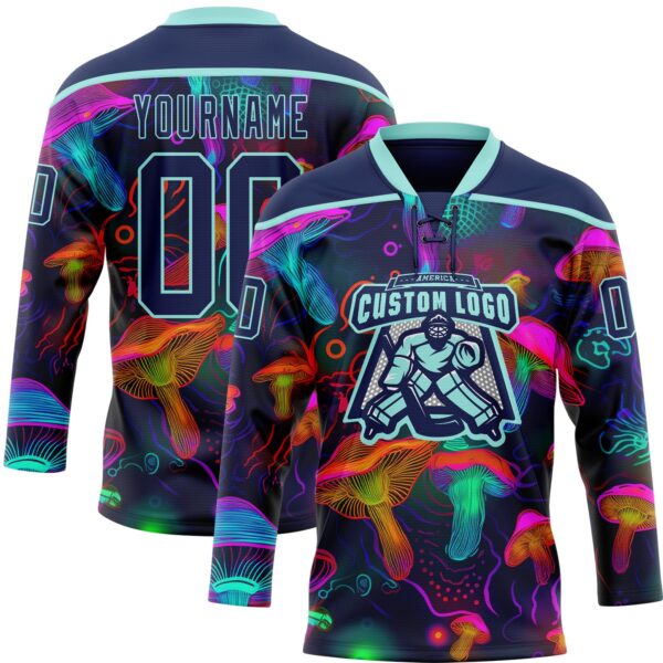 Custom Navy Ice Blue Yellow-Pink Trippy Psychedelic Magic Mushrooms Hockey Lace Neck Jersey