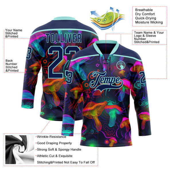 Custom Navy Ice Blue Yellow-Pink Trippy Psychedelic Magic Mushrooms Hockey Lace Neck Jersey
