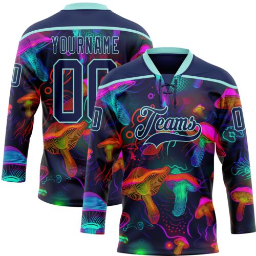 Custom Navy Ice Blue Yellow-Pink Trippy Psychedelic Magic Mushrooms Hockey Lace Neck Jersey