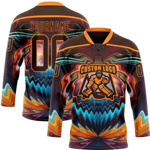 Custom Brown Bay Orange Red-Blue Trippy Psychedelic Fluid Hockey Lace Neck Jersey