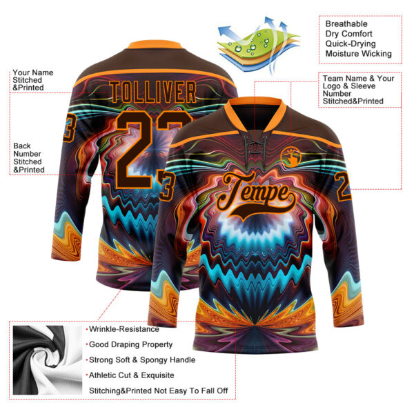 Custom Brown Bay Orange Red-Blue Trippy Psychedelic Fluid Hockey Lace Neck Jersey