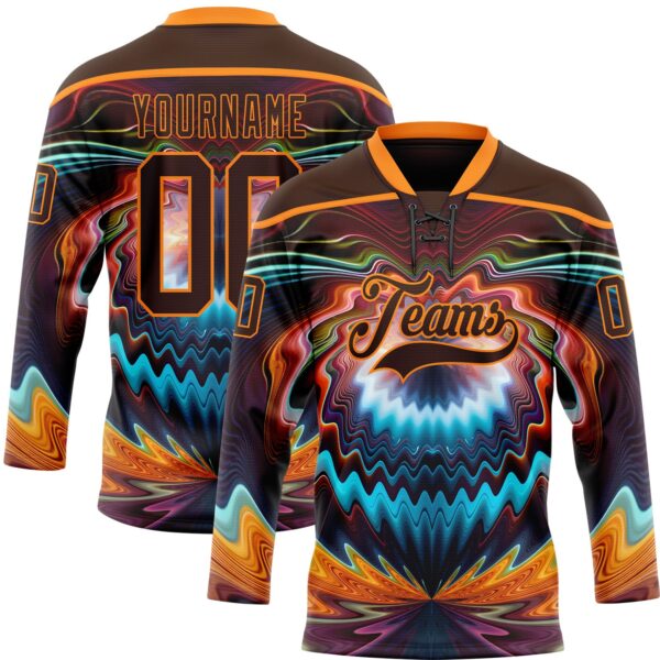 Custom Brown Bay Orange Red-Blue Trippy Psychedelic Fluid Hockey Lace Neck Jersey
