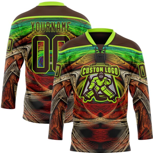 Custom Brown Neon Green Red-Blue Trippy Psychedelic Hockey Lace Neck Jersey