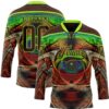 Custom Brown Neon Green Red-Blue Trippy Psychedelic Hockey Lace Neck Jersey