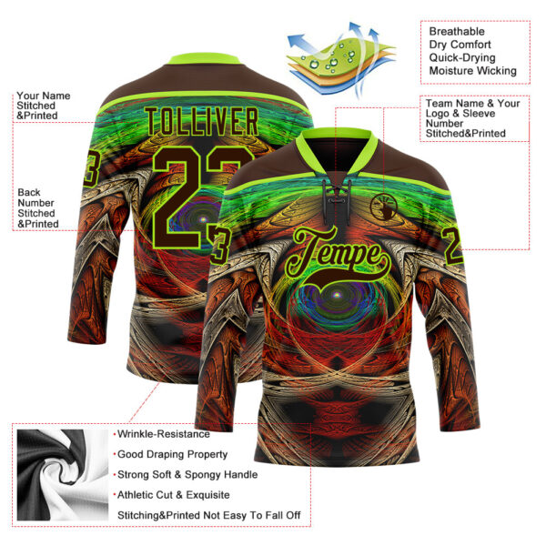 Custom Brown Neon Green Red-Blue Trippy Psychedelic Hockey Lace Neck Jersey