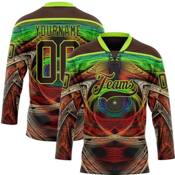 Custom Brown Neon Green Red-Blue Trippy Psychedelic Hockey Lace Neck Jersey