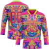Custom Hot Pink Neon Green Yellow-Blue Trippy Psychedelic Neon Hockey Lace Neck Jersey