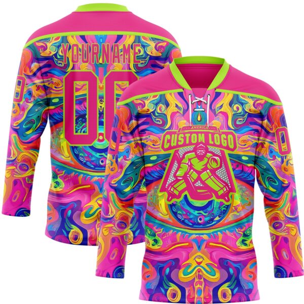 Custom Hot Pink Neon Green Yellow-Blue Trippy Psychedelic Neon Hockey Lace Neck Jersey