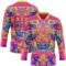 Custom Hot Pink Neon Green Yellow-Blue Trippy Psychedelic Neon Hockey Lace Neck Jersey